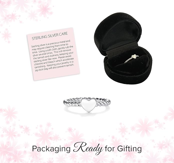 Precious Pieces .925 Sterling Silver Twisted Rope Band Baby Ring with Heart for Babies, Infants, Toddlers, Little Girls, Stackable or Pinky Ring for Teens and Women