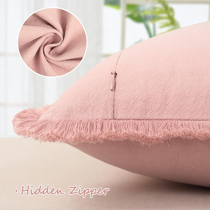 ZWJD Pillow Covers 18x18 Set of 2 Dusty Pink Throw Pillow Covers with Fringe Chic Cotton Decorative Pillows Square Cushion Covers for Sofa Couch Bed Living Room Farmhouse Boho Decor