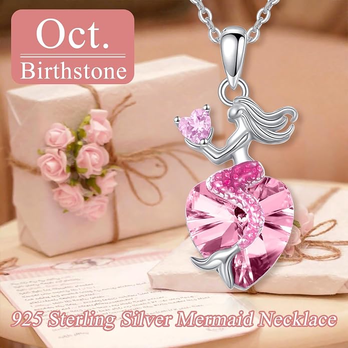 Mermaid Birthstone Necklace for Women 925 Sterling Silver Jewelry Austrian Crystal Pendant Christmas Gifts for Her