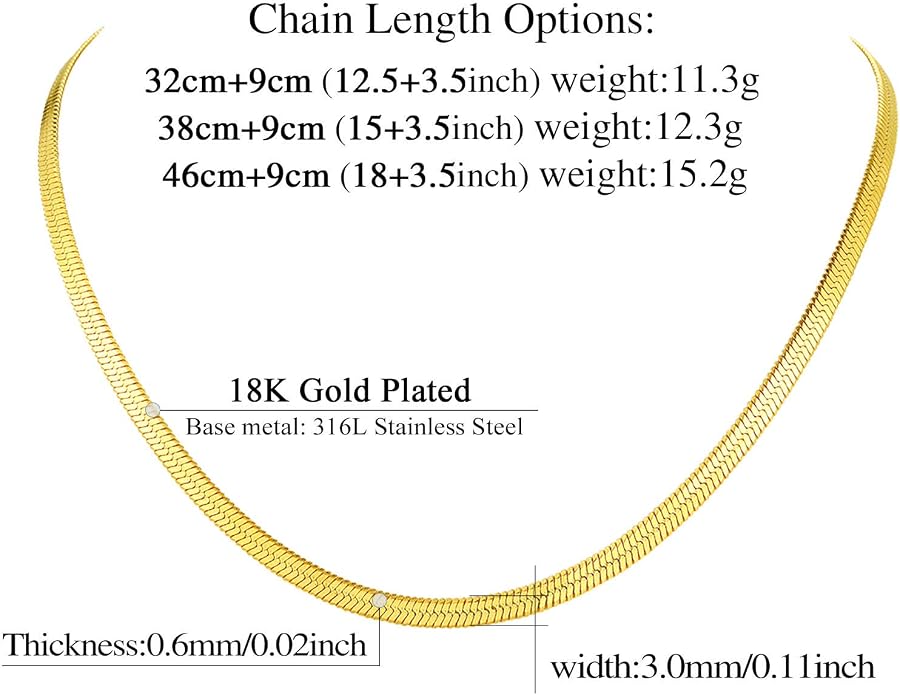 FindChic Black/14K Gold Plated Herringbone Choker Chain Necklace for Women | Waterproof Stainless Steel, Dainty Layering, Flat Snake Chain, Non-Tarnish, Hypoallergenic, Adjustable Extender, Gift Box