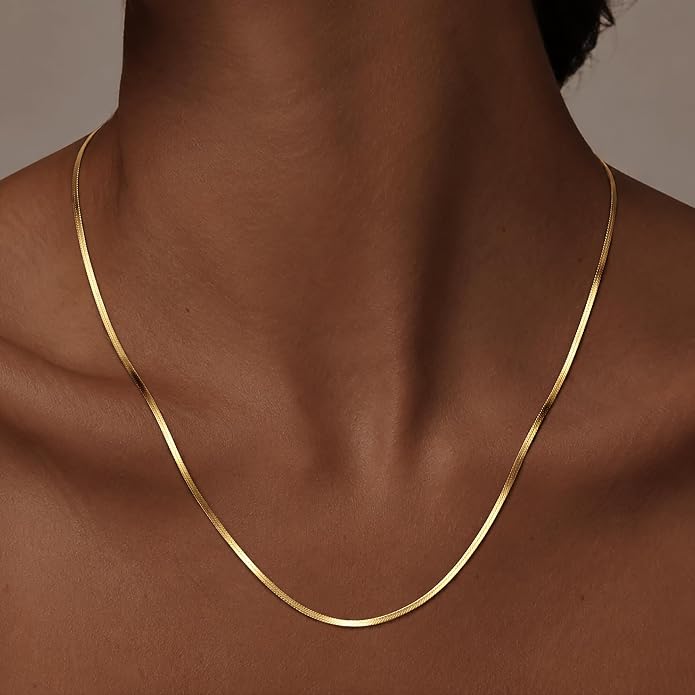 WomenGifts 14K Gold Silver Plated Herringbone Necklace for Women, Dainty Snake Chain Choker, Trendy Simple Long Layered Jewelry Non Tarnish, 3/4/5/8mm,14,16,18,20,22,24,26 Inch Thin & Chunky Options
