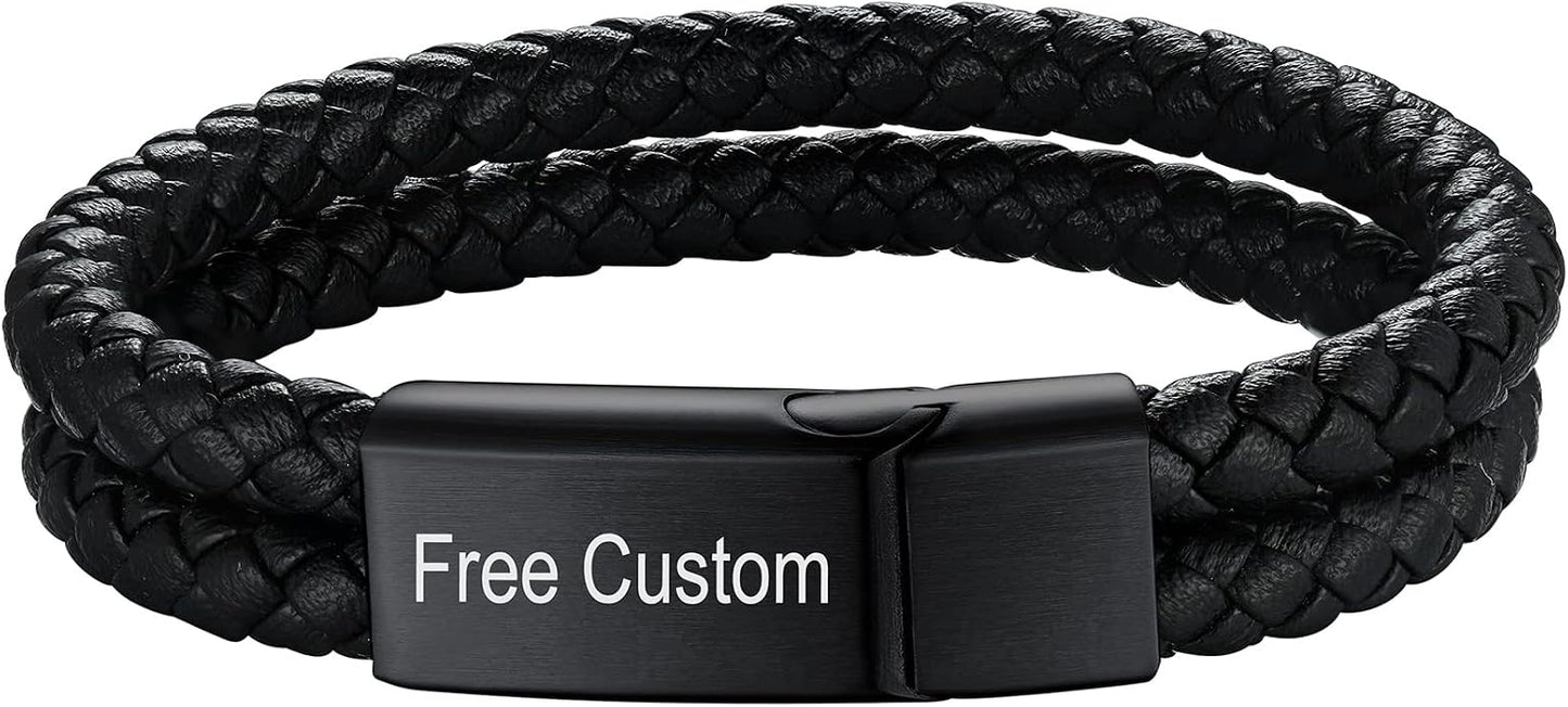 ChainsHouse Mens Wrap Braided Leather Black Bead Bracelets Bangles, Vintage Star of David/Wing Skull/Templar Cross Genuine Leather Bracelet, Customize Available, Size 7.5/8.3/9.0 Inch, Send Gift Box