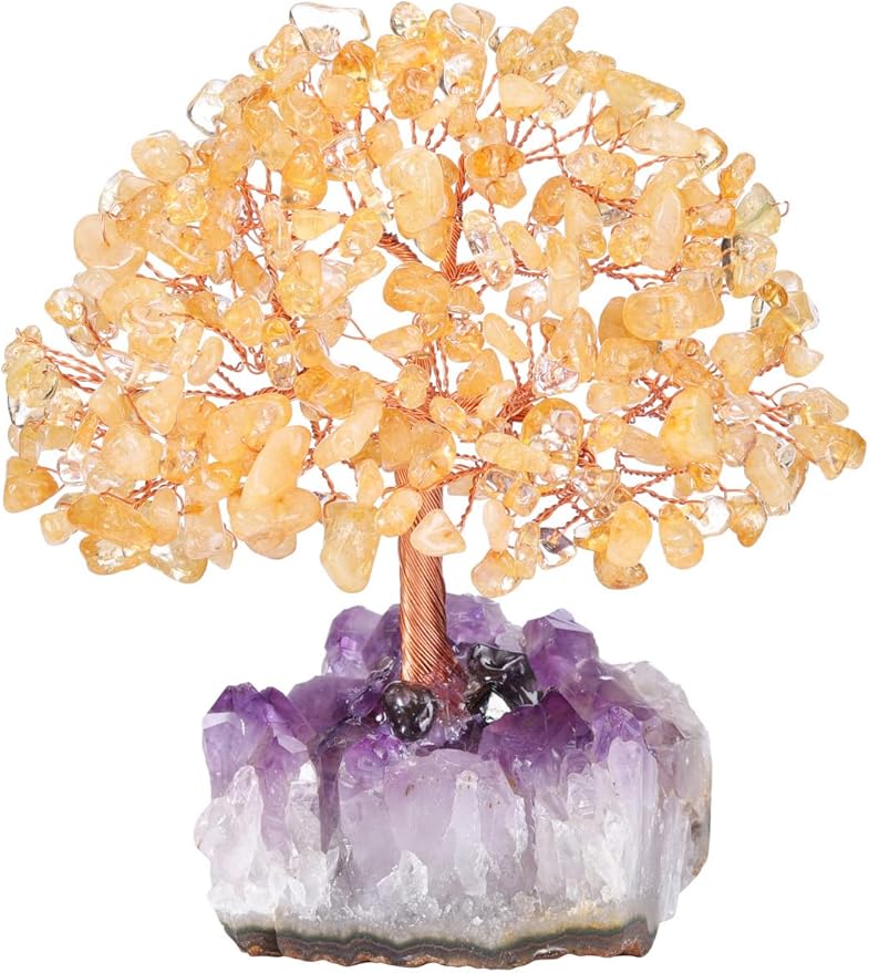 Jovivi Natural Citrine Healing Crystal Money Tree on Amethyst Cluster Geode Druzy Base Feng Shui Crystals for Home Office Desk Decorations, Wealth, Good Luck