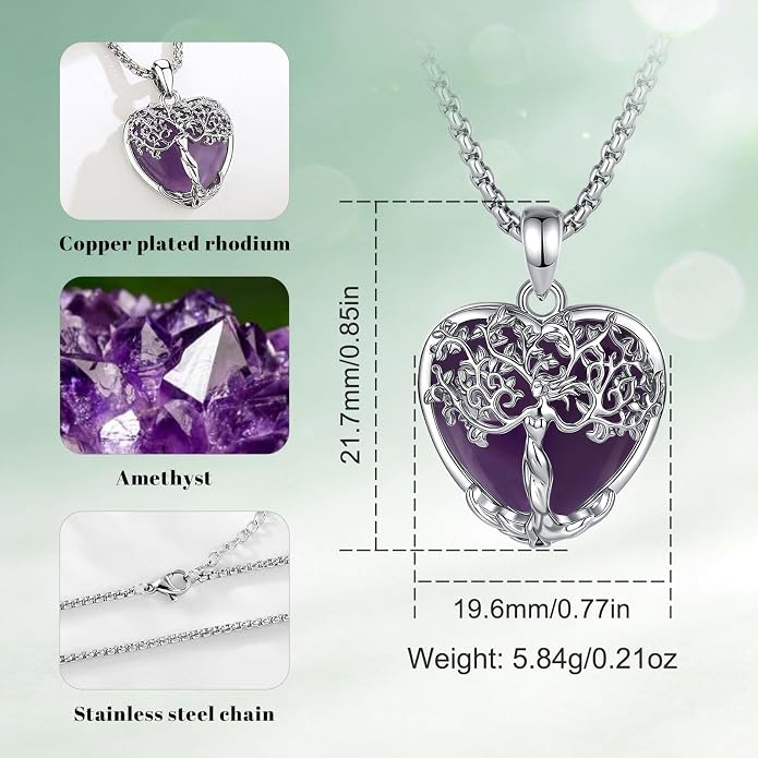 AEONSLOVE Tree of Life Necklace with Crystal for Women, Amethyst/Obsidian/Turquoise/Moonstone/Malachite Crystal Pendant Necklaces for Ladies