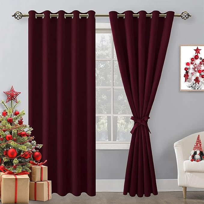 Hiasan Blackout Curtains for Bedroom, 60 x 84 Inches Long - Thermal Insulated & Light Blocking Window Curtains for Living Room Christmas Decor, 2 Drape Panels Sewn with Tiebacks, Burgundy