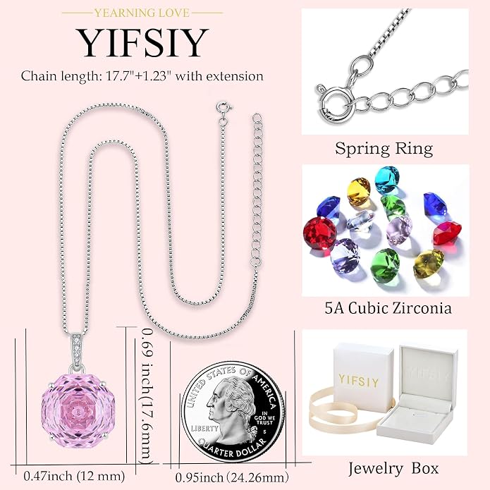 YIFISIY Rose Necklaces for Women, 925 Sterling Silver Rose cut Birthstone Pendant Octagonal Flower Jewelry Gifts for Her