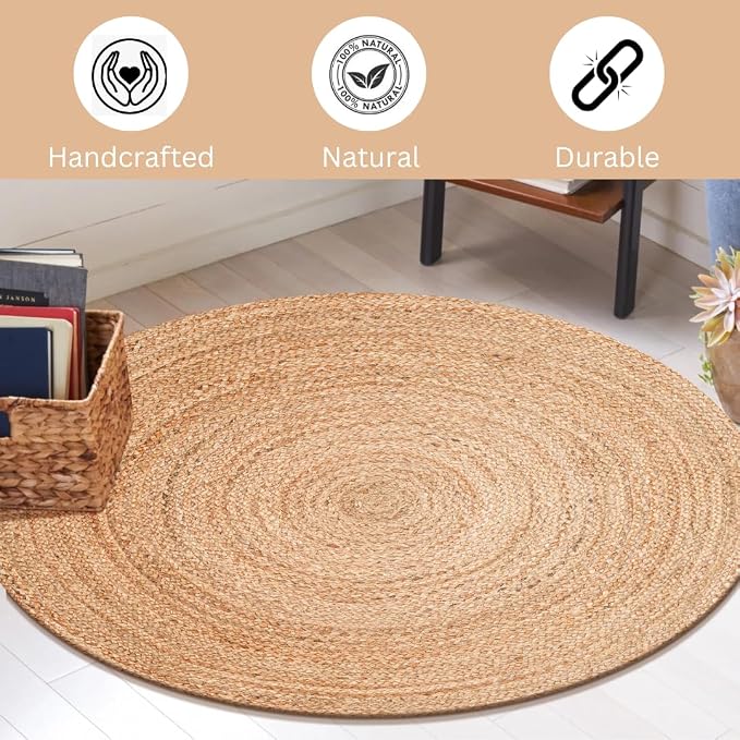 Handcrafted Jute Braided Rug 8 Feet Round - 100% Natural Jute Area Rug - Rustic Farmhouse Boho Accent Rug for Living Room Bedroom Kitchen Entryway Reversible Handwoven Floor Rug