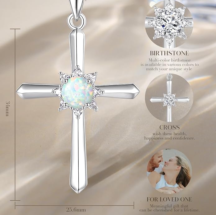FANCIME Birthstone Cross Necklace for Women Sterling Silver Birthstone Necklace Halo Infinity Cross Pendant Necklace Fine Jewelry Valentines Day Gifts Birthday Holiday Gifts for Her, 16"+2" Inches