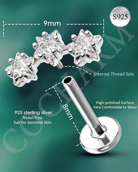 COCHARM 925 Sterling Silver Flat Cartilage Earrings Stud 16g 6mm 8mm 10mm Flat Back Helix Piercing Jewelry Star Tragus Earring Silver Climb Conch Jewelry Hypoallergenic Conch Earrings for Women Man