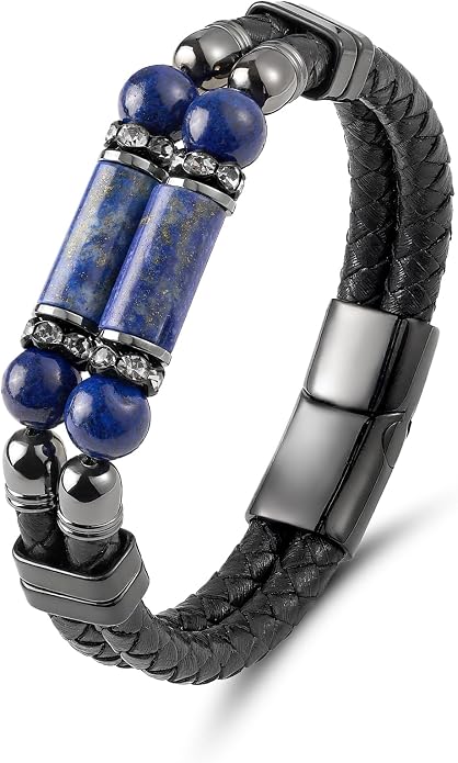 Mens Leather Turquoise/Tiger Eye/Obsidian/Lava Stone Bracelet–Braided Multi‑Layer Wristband Cuff Bangle Barcelet–Jewelry Box and Pouch Packing