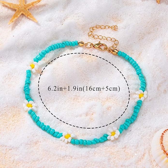 Beaded Chain Ankle Bracelets for Women Waterproof Sunflower Anklets Beachy Vacation Foot Jewelry Gifts