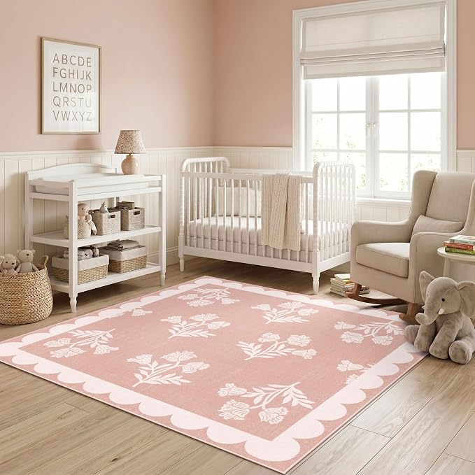 Pink Square Rug 4ft - Soft Washable Boho Floral Girls Bedroom Rug Non Slip 4x4 Stain Resistant Cute Scalloped Circle Square Area Rugs for Living Room Entryway Bathroom Dining Room Nursery Dorm