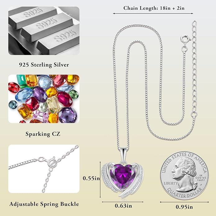 Birthstone Heart Necklace for Women, Infinity Love Heart Birthstone Crystal Charm, 925 Sterling Silver Zirconia Necklace for Mother's Day for your mother and jewelry for your beloved ones on anniversaries