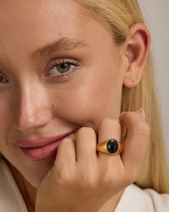 YeGieonr Gold Signet Rings for Women Non Tarnish Gold Rings, Waterproof Gemstones Statement Ring, 18K Gold Plated Stainless Steel Gem Stone Jewelry Gift for Everyday Wear