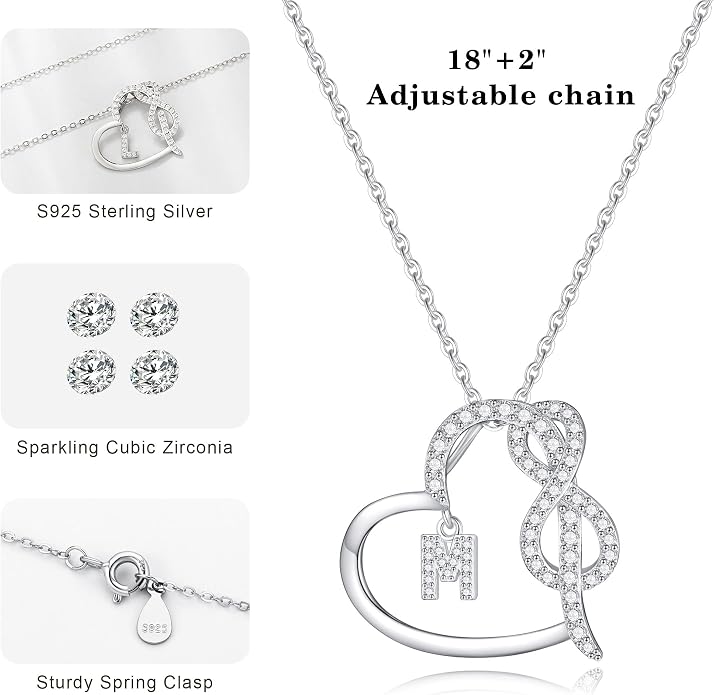 Infinity Heart Necklaces for Women, S925 Sterling Silver Initial Necklace Womens Jewelry Mothers Day Gifts Girls Valentines Gifts for Her Christmas Birthday Gifts for Women Mom Wife Girlfriend