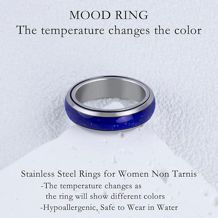 Mood Fidget Ring for Women Teens - 6mm Stainless Steel Temperature Sensative Color Changing Spin Rings for Anxiety Relief Mood Jewelry