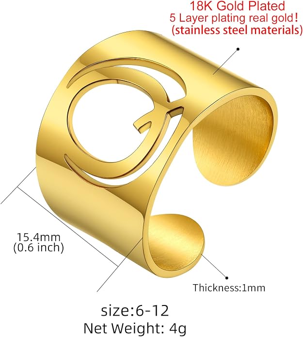 KeyStyle Bold Initial Letter Rings Adjustable, GoldChic Jewelry Women Gold Statement Ring Personalized Engraved Women’s Open Signet Ring for Party (Gold, White Gold, Black)