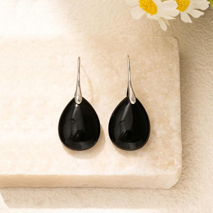 925 Sterling Silver Natural Crystal Agate Dangle Earrings, Waterdrop Teardrop Shape