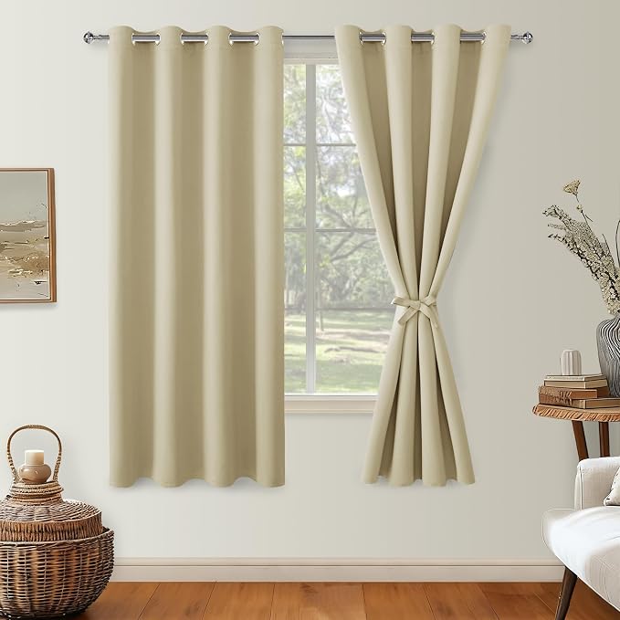 Hiasan Blackout Curtains for Bedroom, 52 x 63 Inches Length - Thermal Insulated & Light Blocking Window Curtains for Living Room, 2 Drape Panels Sewn with Tiebacks, Light Beige