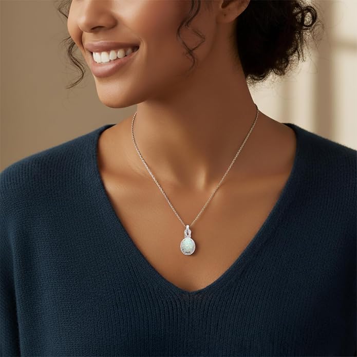 Jewelili Created Oval Opal Necklace Pendant for Women with Diamonds and October Birthstone in Sterling Silver 18" Rolo Chain