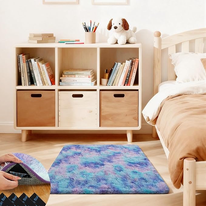 2x3 Rugs for Bedroom, Fluffy Area Rugs for Living Room, Small Fuzzy Shag Soft Carpet with 4 Non-Slip Adhesive Strips for Kids Boys and Girls Nursery Dorm Room Home Decor (2ft X 3ft, Rainbow)