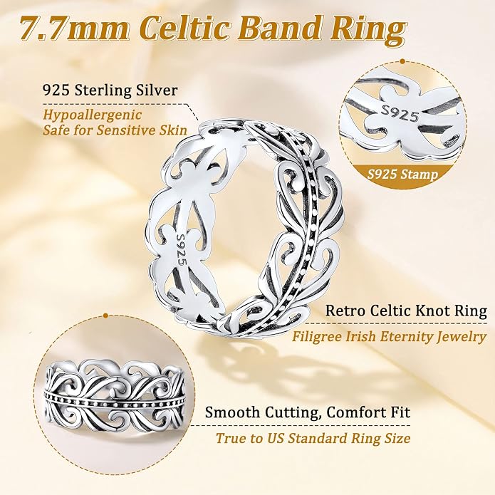 Suplight S925 Sterling Silver Celtic Knot/Evil Eye/Infinity Symbol Band Ring, 2/3/5/8mm Vintage Finger Thumb Ring for Women Size 4-13 (with Gift Box)