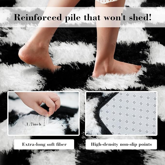 Checkered Rug for Living Room, 8x10 Black and White Area Rugs, Classic Checkered Carpets Shag Area Rug, Bedside Rugs for Living Room Bedroom Room Home Decor