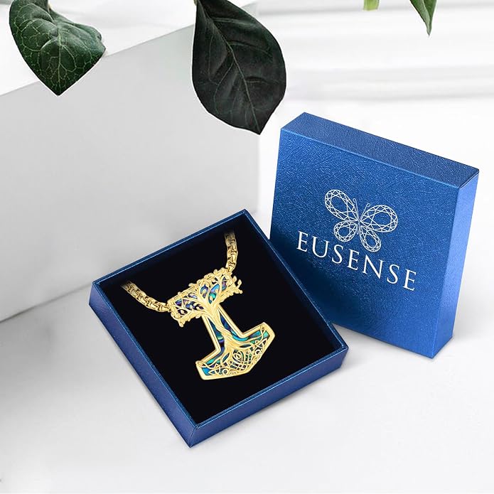 Eusense Viking Jewelry for Men Women Sterling Silver 925 Mjolnir Thors Hammer Pendant Celtic Cross Necklace Wolf Odin Raven Freya Goddess Norse Pagan Compass Vegvisir Yggdrasil Nordic Viking Necklaces Gifts