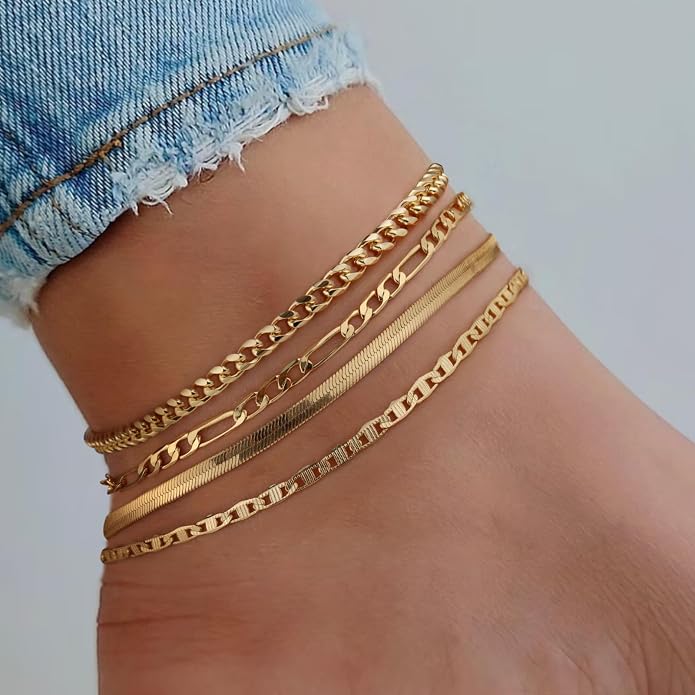 Rotnso Anklets for Women 14K Gold Silver Plated Ankle Bracelets Trendy Waterproof Boho Anklets Set Adjustable Dainty Cute Diamond Beaded Heart Non Tarnish Summer Beach Jewelry Gift
