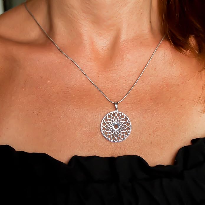 Mandala Necklace Sterling Silver 925 - Sacred Geometry Circle Pendant with 19.7" Chain - Spiritual Esoteric Amulet - Boho Hippie Yoga Jewelry for Women Girls - Handmade