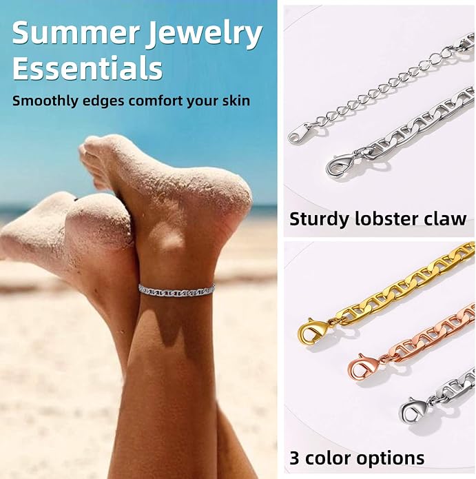 GoldChic Adjustbale Link Chain Anklet for Women Summer Jewelry, 316L Stainless Steel Figaro/Wheat/Twist Rope/Cuban Foot Bracelet-Waterproof, Resizable 9"-12" (Gift Box Included)
