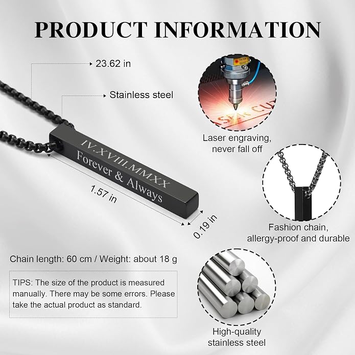 Fathers Day Custom Gifts Personalized 3D Bar Vertical Pendant Necklace - Custom 4 Sided Text Necklace Engraved Cuboid Stick Necklace