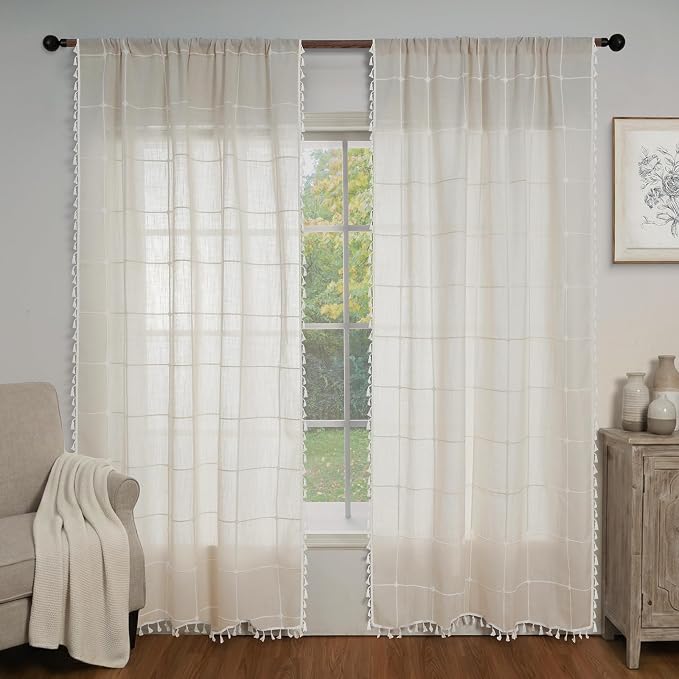 ColorBird Beige Plaid Curtains 84 Inches Long, White Embroidered Gingham Boho Farmhouse Curtains & Drapes for Living Room, Linen Texture Light Filtering Window Treatment for Dining Bedroom