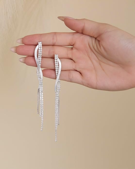 Jessica Simpson Long Silver Rhinestone Tassel Earrings for Women – Twisted Chain Fringe Dangle Earrings – Elegant Statement Jewelry