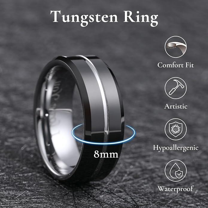 King Will Tungsten Carbide Wedding Band for Men Women-6/8/10mm Width Multicolor Available with Grooved Center Wedding Ring Suitable for Work, Gym Comfort Fit Size 4-16