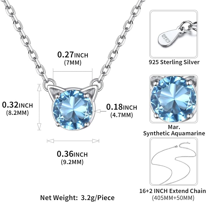 ChicSilver Bow and Cat Birthstone Necklace, 925 Sterling Silver Pendant Necklaces for Women, Hypoallergenic Silver Choker with 16 inch Rolo Chain, 12 Months Jewelry for Valentines Mothers Day Christmas