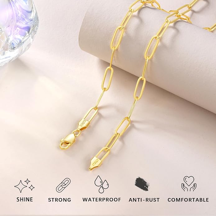 18K Gold Plated and 925 Sterling Silver Paperclip Chain Necklace for Women, 5mm Women's Chain Necklace, World's Top Craftsmanship Necklace for Women 16 18 20 22 24 26 Inch