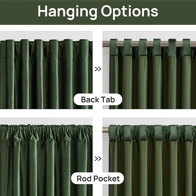 PRIMROSE Emerald Olive Green Velvet Curtains 108 inch Long for Living Room,Set of 2 Panels Blackout Rod Pocket Back Tab Window Treatment Room Darkening Heavy Decorative Curtains Drapes for Bedroom