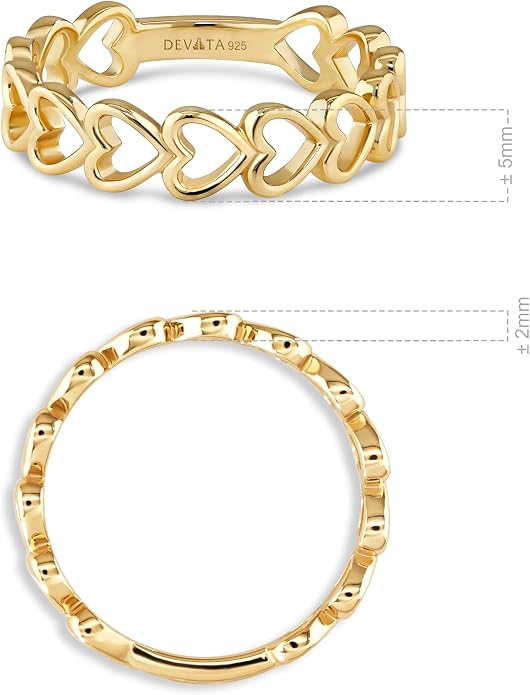 DEVATA Gold or Rhodium Plated Sterling Silver 925 – Eternity, Band Ring for Women – Heart, Knot, Clover, Infinity, Mariner, Cable, Curb, Cuban, Figaro, Daisy, Rope, Ribbed, Dome