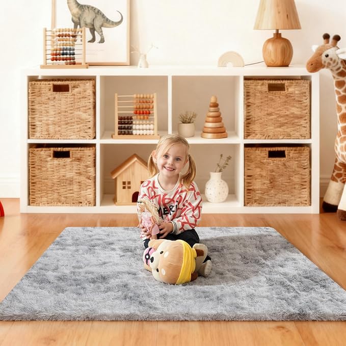 4x6 Rugs for Bedroom, Fluffy Area Rugs for Living Room, Small Fuzzy Shag Soft Non-Slip Carpet for Kids Girls and Boys Nursery Dorm Indoor Room Home Decor (4ft x 6ft, Tie-Dyed Grey)