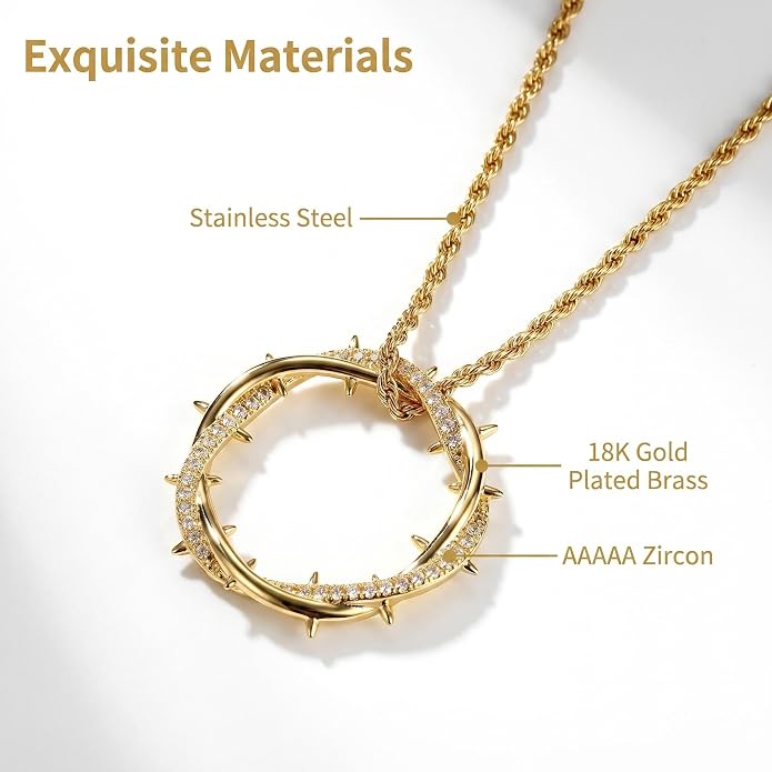 Men's Thorn Crown Necklace, 18K Gold & 925 Silver Plated Brass, 5A CZ Pendant, 24" Rope Chain, Retro Hip Hop Street Jewelry, Unisex Gift for Women