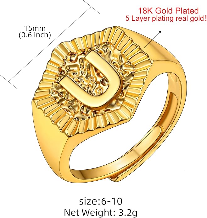 KeyStyle Bold Initial Letter Rings Adjustable, GoldChic Jewelry Women Gold Statement Ring Personalized Engraved Women’s Open Signet Ring for Party (Gold, White Gold, Black)