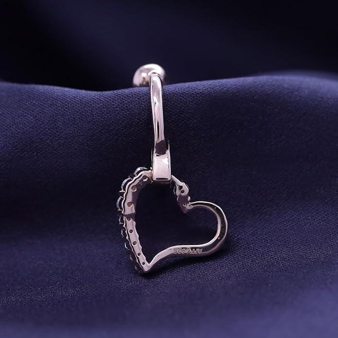 AFFY Women's Heart Charm Belly Ring with Round White Cubic Zirconia in 14K Gold Plated 925 Sterling Silver, Dangle Navel Piercing Jewelry for Her
