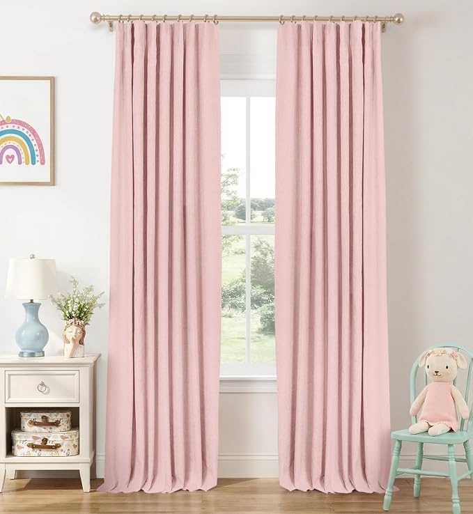 INOVADAY 100% Blackout Curtains for Bedroom, Baby Pink Black Out Curtains 90 Inch Long, Clip Rings Linen Blackout Drapes, Thermal Insulated Room Darkening for Living Room, 2 Panels - W50xL90