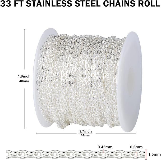 [33 FT] Silver Plated Cable Chains Bulk for Jewelry Making, 1.5mm 304 Stainless Steel Flat Cable Link Chains Roll Spool for Jewelry Making DIY Craft