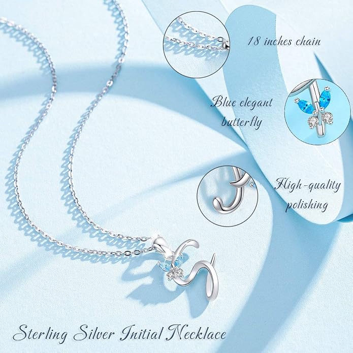 EUDORA Sterling Silver Butterfly Initial Necklaces for Women, Elegant Letter Neckles Personalized Gift for Mother, Sister, Daughter, 18 inch Chai