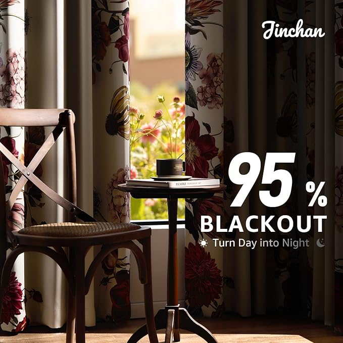 jinchan Beige Floral Blackout Curtains 96 Inch Vintage Grommet 2 Panels | Room darkening, privacy, vibrant flower print, retro boho bohemian drapes, bedroom, living room, fall decor, window treatment