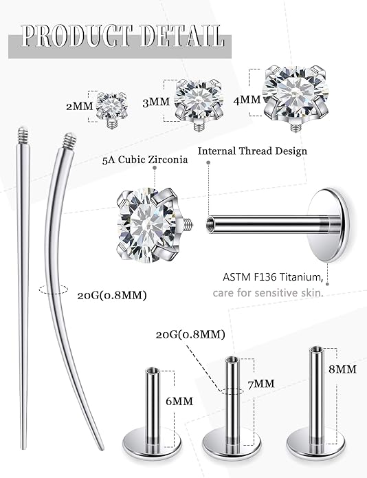 20G 18G 16G Astm F136 Titanium Internally Threaded Flat Back Earrings Nose Rings Studs G23 Titanium Tragus Helix Conch Cartilage Earrings Studs Piercing Jewelry For Women Men Clear Pink CZ