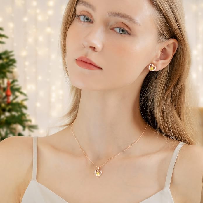 CDE Jewelry Sets for Women Love Heart Pendant Necklaces Earrings, 925 Sterling Silver with Birthstone Zirconia, Birthday Jewelry Gift for Wife Girlfriend Her