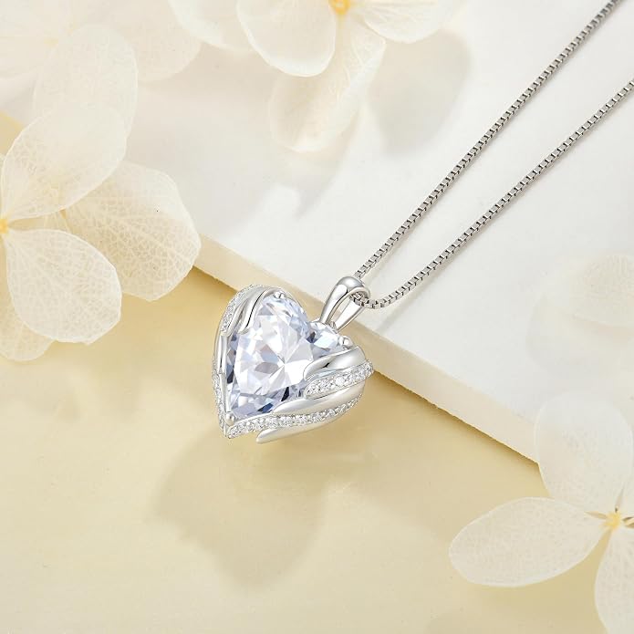 Angel Wings Necklace for Women 925 Sterling Silver Cubic Zirconia Love Heart Birthstone Pendant Necklaces